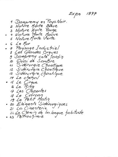 <b>Œuvres exposées</b><br><b> à la Galerie Beciani</b><br>
du 16 septembre au 20 octobre 1977<br>
<i>De la main du peintre</i> Emile Laurent 1977