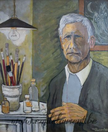 <b>60 ans</b><br>
Emile Laurent<br>
1980<br>
Huile 49x59<br>
<i>Autoportrait</i><br>
Collection privée 60 ans Emile Laurent 1980