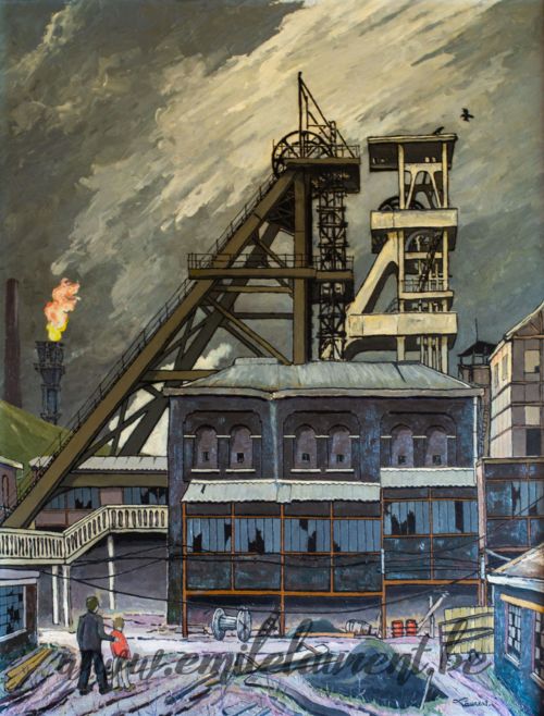 <b>Bierrau, puits d'aération</b><br>
Emile Laurent<br>
1980<br>
Huile 80x100<br>
<i>"Regarde, petit..."</i><br>
Collection privée Bierrau, puits d'aération Emile Laurent 1980