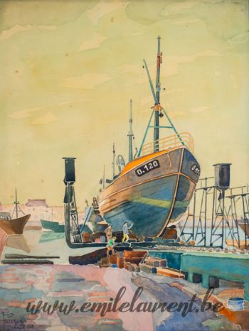 <b>Cale Sèche, Ostende</b><br>Emile Laurent<br>
1958<br>
Aquarelle<br>
Collection privée Cale Sèche, OstendeEmile Laurent 1958 Aquarelle