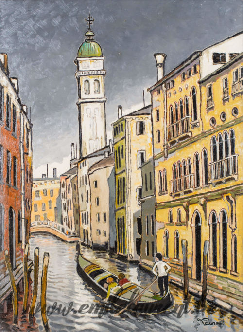 <b>Campanile penché, Eglise des Grecs</b><br>
Emile Laurent<br>
2002<br>
Huile 43x60<br>
Collection privée Campanile penché, Eglise des Grecs Emile Laurent 2002