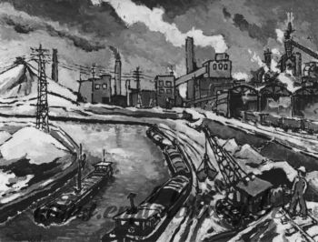 <b>Chantier fluvial</b><br>
Emile Laurent<br>
1981<br>
Huile 50x60<br>
Collection privée Chantier fluvial Emile Laurent 1981