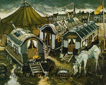 <b>Cirque au repos</b><br>
Emile Laurent<br>
1975<br>
Huile 40x50<br>
Collection privée Cirque au repos Emile Laurent 1975