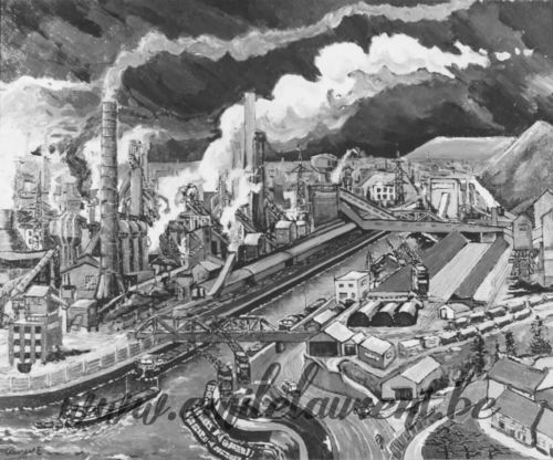 <b>Dampremy en Pays Noir</b><br>
Emile Laurent<br>
1976<br>
Huile 80x100<br>
Collection privée Dampremy en Pays Noir Emile Laurent 1976