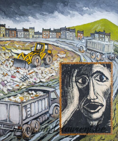 <b>Décharge Immondices</b><br>
Emile Laurent<br>
1981<br>
Huile et collage 50x60<br>
Collection privée Décharge Immondices Emile Laurent 1981