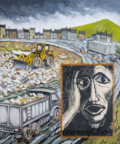 <b>Décharge Immondices</b><br>
Emile Laurent<br>
1981<br>
Huile et collage 50x60<br>
Collection privée Décharge Immondices Emile Laurent 1981