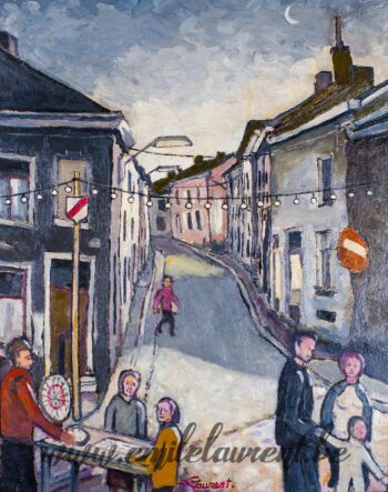 <b>Ducasse à la Docherie</b><br>
Emile Laurent<br>
1984<br>
Huile 39x48<br>
Collection privée Ducasse à la Docherie Emile Laurent 1984