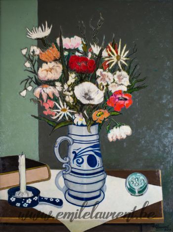 <b>Fleurs et Cruche en grès</b><br>
Emile Laurent<br>
2010<br>
Huile 60x80<br>
Collection privée Fleurs et Cruche en grès Emile Laurent 2010