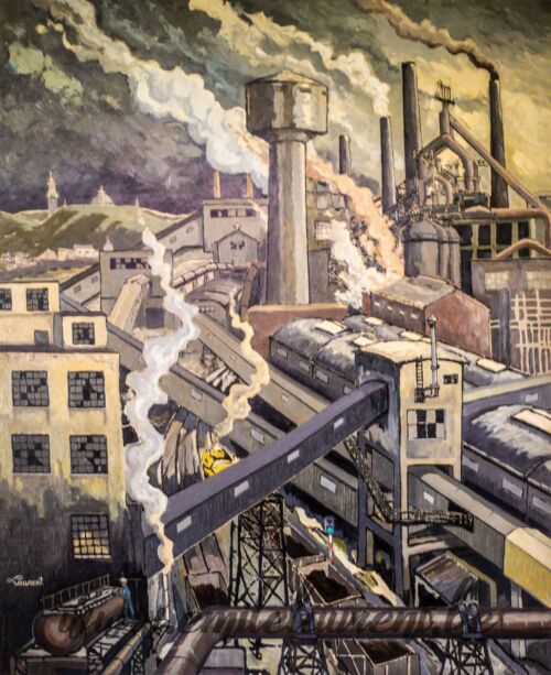 <b>Forges de la Providence</b><br>
Emile Laurent<br>
1990<br>
Huile 80x100<br>
<i>"Charleroi à l'horizon."</i><br>
Collection privée Forges de la Providence Emile Laurent 1990