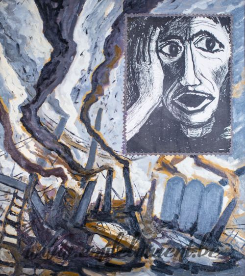 <b>Fumées Acides</b><br>
Emile Laurent<br>
1981<br>
Huile et collage 50x60<br>
Collection privée Fumées Acides Emile Laurent 1981