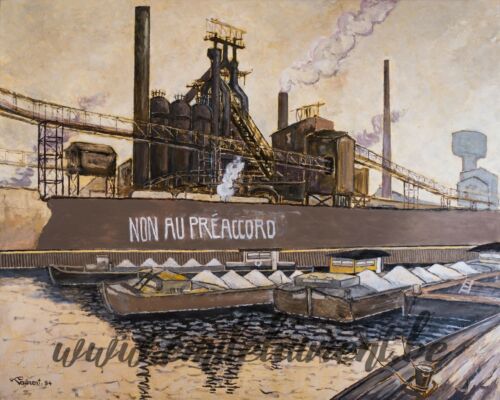 <b>Grève du transport de laitier</b><br>
Emile Laurent<br>
1997<br>
Huile 80x100<br>
Collection privée Grève du transport de laitier Emile Laurent 1997