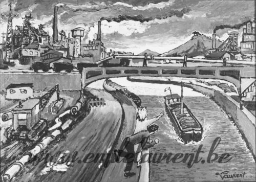 <b>L'eau sous le pont</b><br>
Emile Laurent<br>
1977<br>
Huile 40x50<br>
Collection privée L'eau sous le pont Emile Laurent 1977