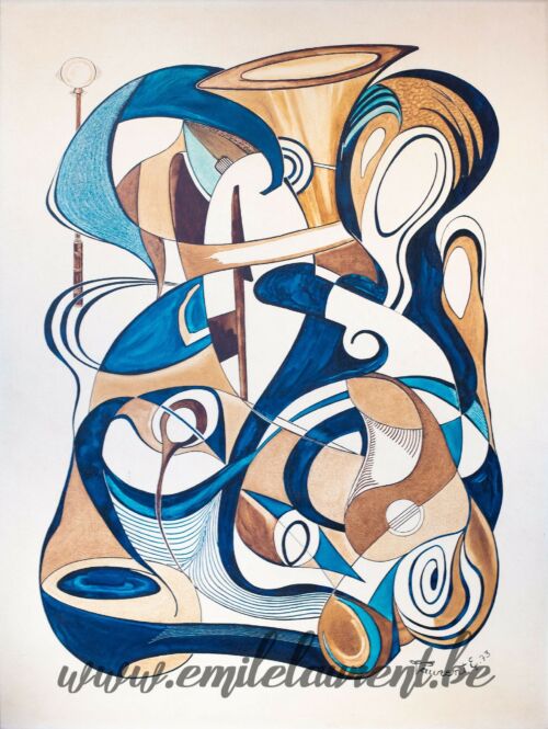 <b>La Musique</b><br>
Emile Laurent<br>
1973<br>
Huile<br>
Collection privée Emile Laurent psychédélique la musique 1973