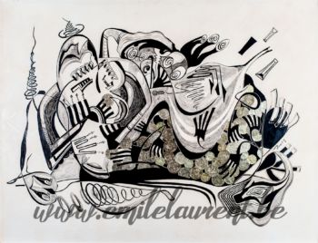 <b>La Machine à Sous</b><br>
Emile Laurent<br>
1972<br>
Huile et collage 78x58<br>
Collection privée La Machine à Sous Emile Laurent 1972
