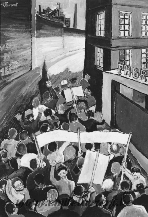 <b>La Manif</b><br>
Emile Laurent<br>*
1977<br>
Huile 40x50<br>
Collection privée La Manif Emile Laurent* 1977