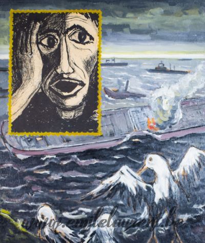 <b>La Mer Assassinée</b><br>
Emile Laurent<br>
1981<br>
Huile et collage 50x60<br>
Collection privée La Mer Assassinée Emile Laurent 1981