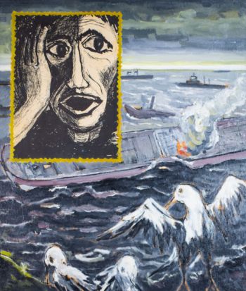 <b>La Mer Assassinée</b><br>
Emile Laurent<br>
1981<br>
Huile et collage 50x60<br>
Collection privée La Mer Assassinée Emile Laurent 1981