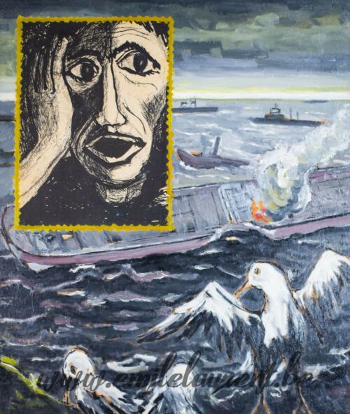 <b>La Mer Assassinée</b><br>
Emile Laurent<br>
1981<br>
Huile et collage 50x60<br>
Collection privée La Mer Assassinée Emile Laurent 1981