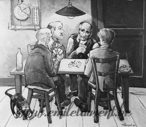 <b>La Partie de cartes</b><br>
Emile Laurent<br>
1981<br>
Huile 80x100<br>
Collection privée La Partie de cartes Emile Laurent 1981