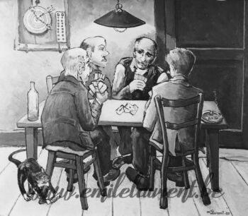 <b>La Partie de cartes</b><br>
Emile Laurent<br>
1981<br>
Huile 80x100<br>
Collection privée La Partie de cartes Emile Laurent 1981