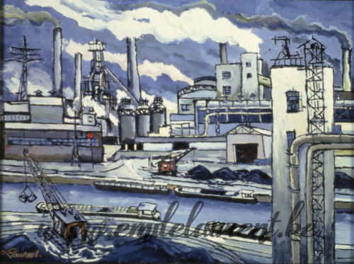 <b>La Sambre, imperturbablement</b><br>
Emile Laurent<br>
1983<br>
Huile 40x50<br>
Collection privée La Sambre, imperturbablement Emile Laurent 1983