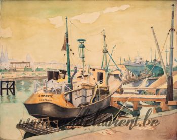 <b>Le Charvic à Quai,Ostende</b><br>
Emile Laurent<br>
1958<br>
Aquarelle 41x32<br>
Collection privée Le Charvic à Quai,Ostende Emile Laurent 1958