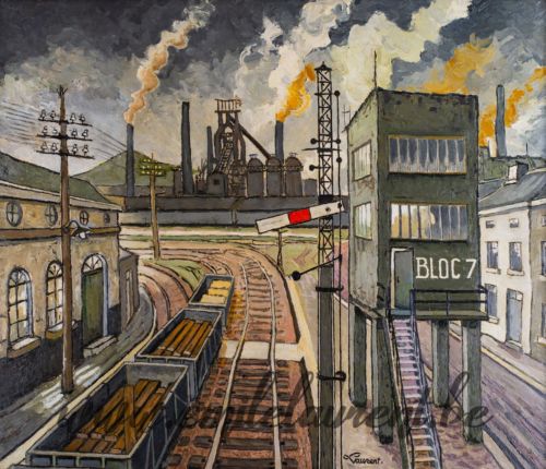 <b>Le Rail, Bloc 7</b><br>
Emile Laurent<br>
1995<br>
Huile 60x70<br>
Collection privée Le Rail, Bloc 7 Emile Laurent 1995