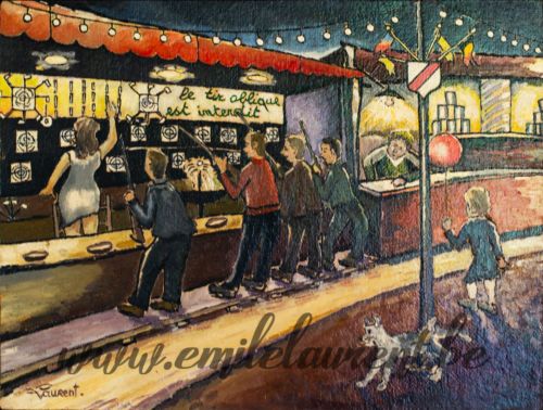 <b>Le Tir oblique est interdit</b><br>
Emile Laurent<br>
1980<br>
Huile 30x40<br>
Collection privée Le Tir oblique est interdit Emile Laurent 1980