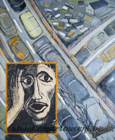 <b>Les Cloportes (invasion)</b><br>
Emile Laurent<br>
1981<br>
Huile et collage 49x59<br>
Collection privée Les Cloportes (invasion) Emile Laurent 1981