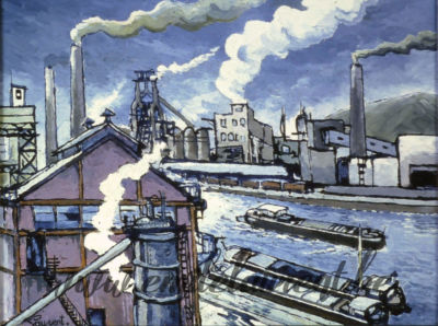 <b>Les Péniches</b><br>
Emile Laurent<br>
1985<br>
Huile 40x50<br>
Collection privée Les Péniches Emile Laurent 1985