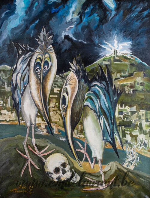 <b>Les Philosophes</b><br>
Emile Laurent<br>
Décembre 1970<br>
Huile 60x70<br>
<i>Série Ornithoflox</i><br>
Collection privée Les Philosophes ornithoflox Emile Laurent Décembre 1970