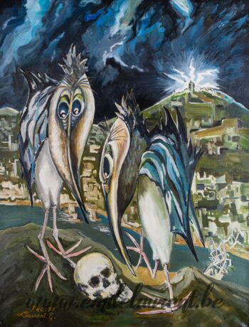 <b>Les Philosophes</b><br>
Emile Laurent<br>
Décembre 1970<br>
Huile 60x70<br>
<i>Série Ornithoflox</i><br>
Collection privée Les Philosophes ornithoflox Emile Laurent Décembre 1970