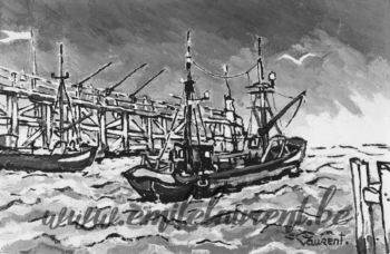 <b>Marine, Ostende</b><br>
Emile Laurent<br>
1973<br>
Huile 25x30<br>
Collection privée Marine, Ostende Emile Laurent 1973