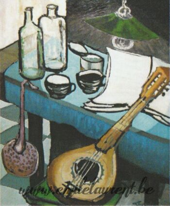 <b>Nature morte bleue</b><br>
Emile Laurent<br>
1977<br>
Huile<br>
Collection privée Emile Laurent nature morte bleue