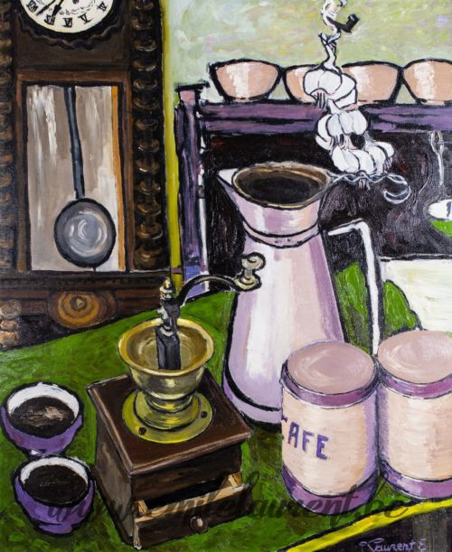 <b>Nature Morte Verte</b><br>
Emile Laurent<br>
1977<br>
Huile 59x67<br>
Collection privée Nature Morte Verte Emile Laurent 1977