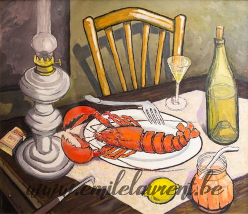 <b>Nature Morte au Homard</b><br>
Emile Laurent<br>
1974<br>
Huile 50x60<br>
Collection privée Nature Morte au Homard Emile Laurent 1974