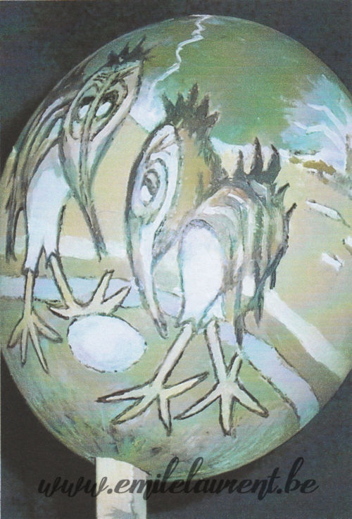 <b>Ornithoflox et l'œuf</b><br>
Emile Laurent<br>
2005<br>
Peinture sur œuf d'autruche<br>
Collection privée Emile Laurent ornithoflox 2005