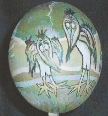 <b>Ornithoflox et l'œuf</b><br>
Emile Laurent<br>
2005<br>
Peinture sur œuf d'autruche<br>
Collection privée Emile Laurent ornithoflox 2005