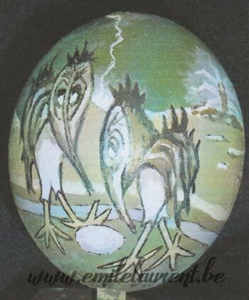 <b>Ornithoflox et l'œuf</b><br>
Emile Laurent<br>
2005<br>
Peinture sur œuf d'autruche<br>
Collection privée Emile Laurent ornithoflox 2005