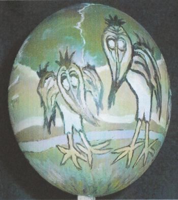 <b>Ornithoflox et l'œuf</b><br>
Emile Laurent<br>
2005<br>
Peinture sur œuf d'autruche<br>
Collection privée Emile Laurent ornithoflox 2005