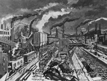 <b>Paysage industriel</b><br>
Emile Laurent<br>
1977<br>
Huile 50x60<br>
Collection privée Paysage industriel Emile Laurent 1977