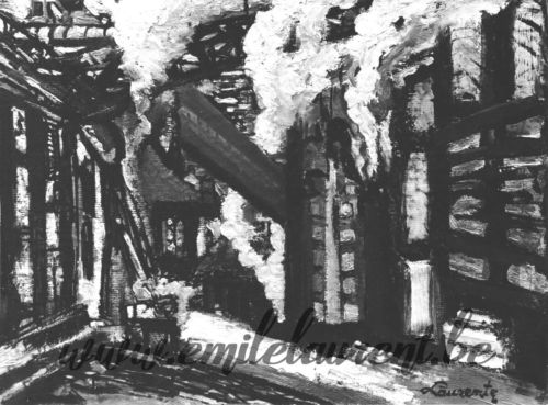 <b>Pétrochimie</b><br>
Emile Laurent<br>
1977<br>
Huile 25x30<br>
Collection privée Pétrochimie Emile Laurent 1977