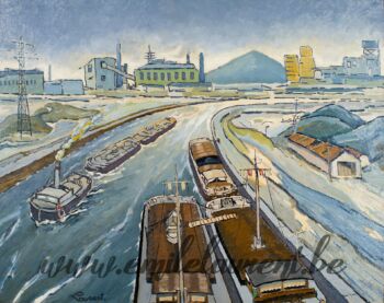 <b>Péniches</b><br>
Emile Laurent<br>
1975<br>
Huile 50x60<br>
Collection privée Péniches Emile Laurent 1975