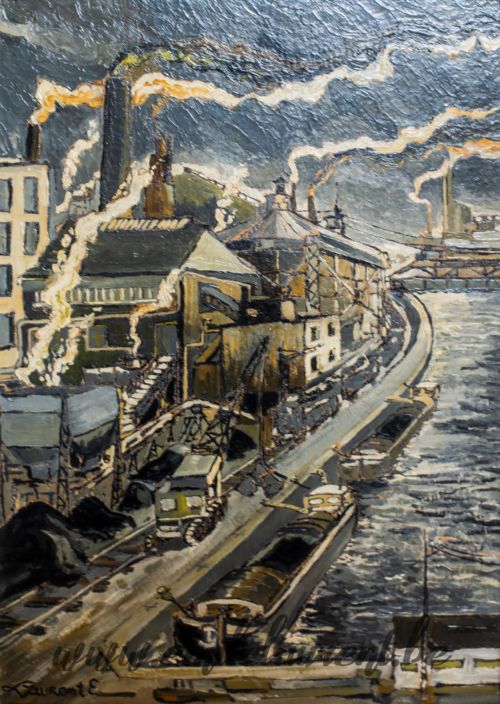 <b>Quai de Sambre</b><br>
Emile Laurent<br>
1976<br>
Huile 50x60<br>
Collection privée Quai de Sambre Emile Laurent 1976