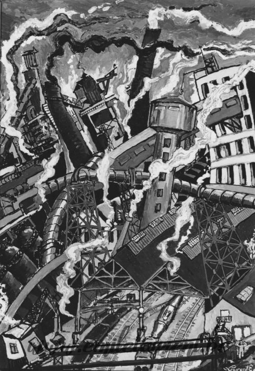 <b>Sidérurgie Chaotique</b><br>
Emile Laurent<br>
1975<br>
Huile 70x100<br>
Collection privée Sidérurgie Chaotique Emile Laurent 1975