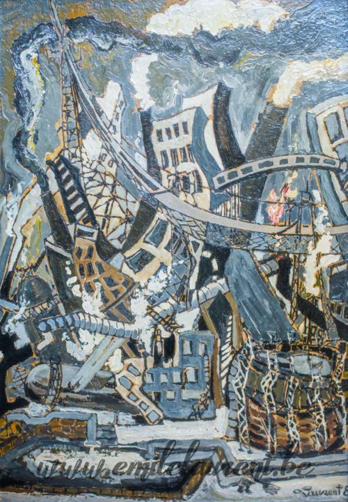 <b>Sidérurgie chaotique</b><br>
Emile Laurent<br>
1976<br>
Huile 40x60<br>
Collection privée Sidérurgie chaotique Emile Laurent 1976