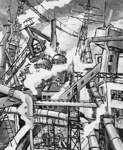 <b>Sidérurgie chaotique</b><br>
Emile Laurent<br>
1979<br>
Huile 80x100<br>
Collection privée Emile Laurent sidérurgie chaotique 1979 Pays Noir