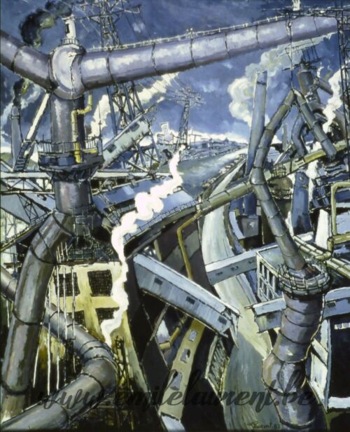 <b>Sidérurgie chaotique</b><br>
Emile Laurent<br>
1982<br>
Huile 80x100<br>
Collection privée Sidérurgie chaotique Emile Laurent 1982