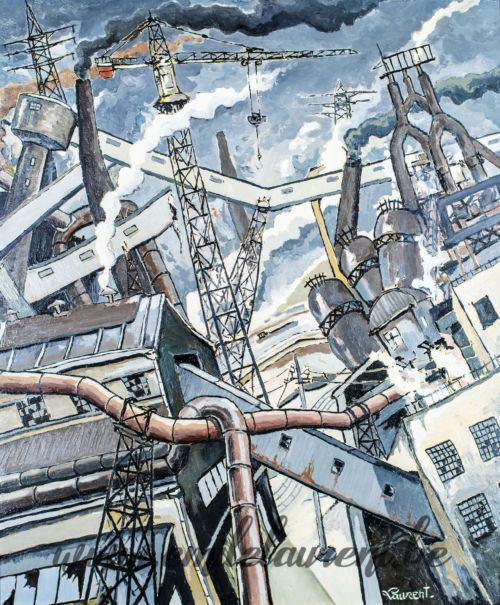 <b>Sidérurgie chaotique</b><br>
Emile Laurent<br>
1983<br>
Huile 50x60<br>
Collection privée Sidérurgie chaotique Emile Laurent 1983