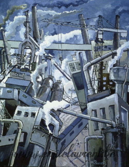 <b>Sidérurgie chaotique</b><br>
Emile Laurent<br>
1984<br>
Huile 80x100<br>
Collection privée Sidérurgie chaotique Emile Laurent 1984